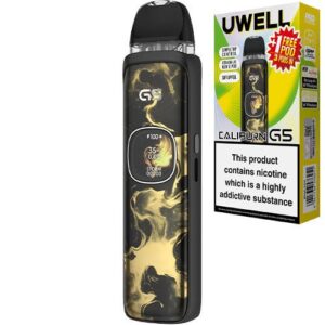 Combo Pod Uwell Caliburn G5 KIT 2026 + 3 resistencias incluidas. Color Black Gold + 1 Salt Halo o Kings Crest
