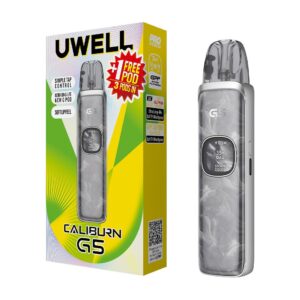 Combo Pod Uwell Caliburn G5 KIT 2026 + 3 resistencias incluidas. Color Silver Marble + 1 Salt Halo o Kings Crest